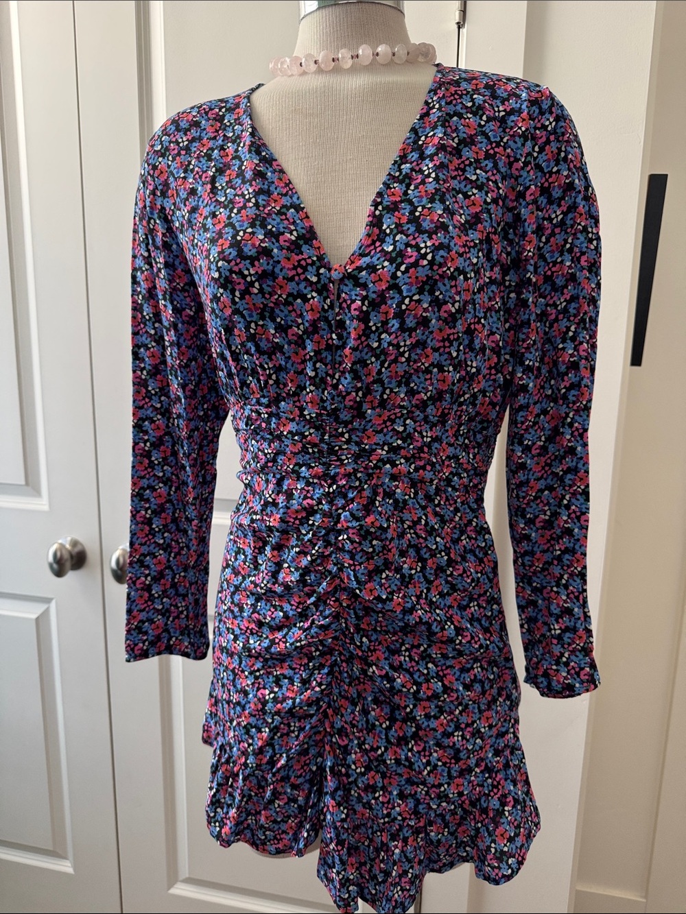 Zara Floral Ruched V-Neck Long Sleeve Mini Dress - Blue/Pink